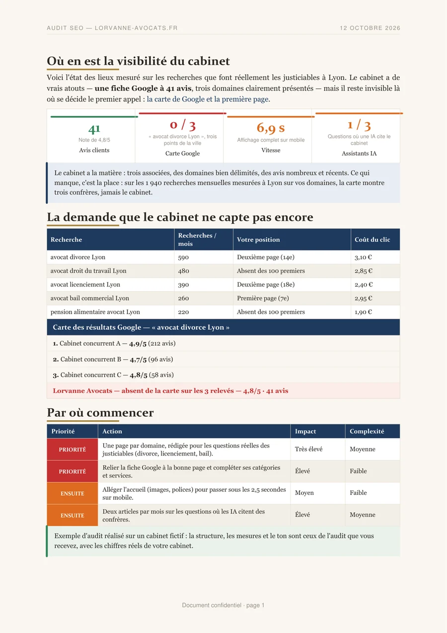 Première page d'un audit de visibilité Otalone : avis, présence sur la carte Google, vitesse mobile, citations par les IA, recherches non captées et priorités