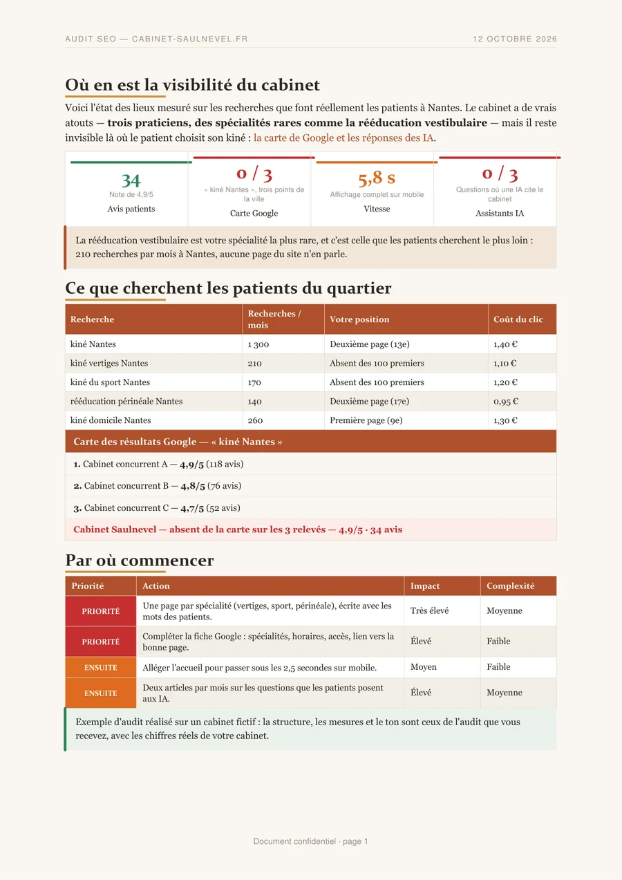 Première page d'un audit de visibilité Otalone : avis, présence sur la carte Google, vitesse mobile, citations par les IA, recherches non captées et priorités