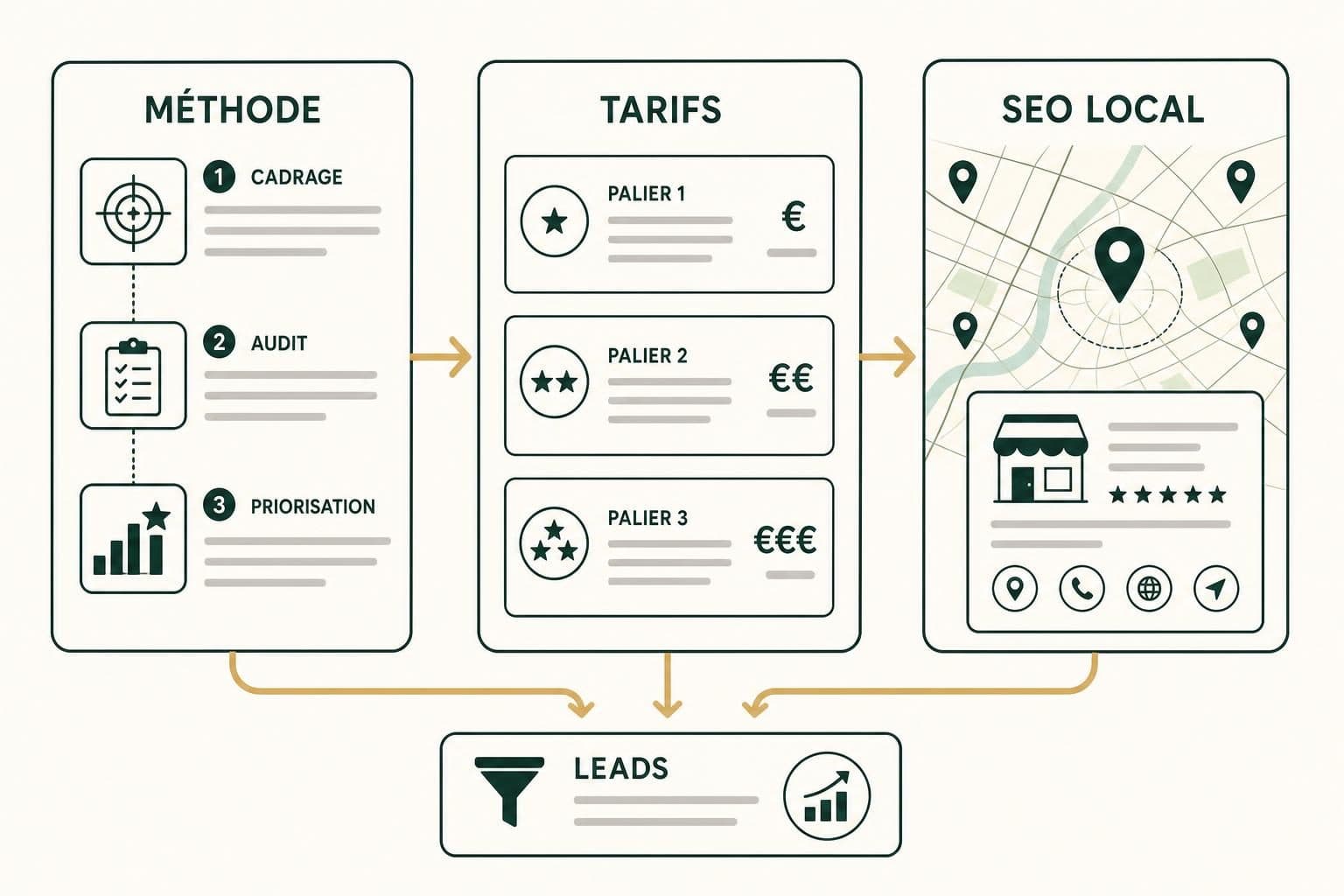 Illustration d’un schéma SEO en quatre blocs : « MÉTHODE », « TARIFS », « SEO LOCAL » et « LEADS ».