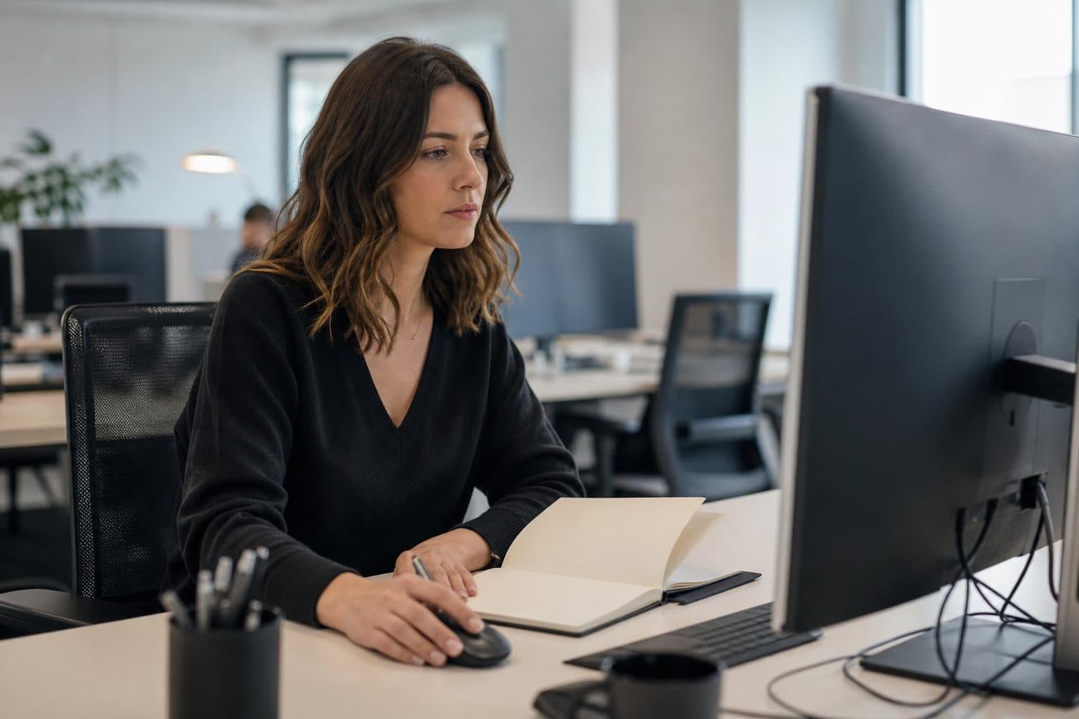 Une femme travaille à son bureau dans un open space moderne devant un grand écran d’ordinateur, avec un carnet ouvert…