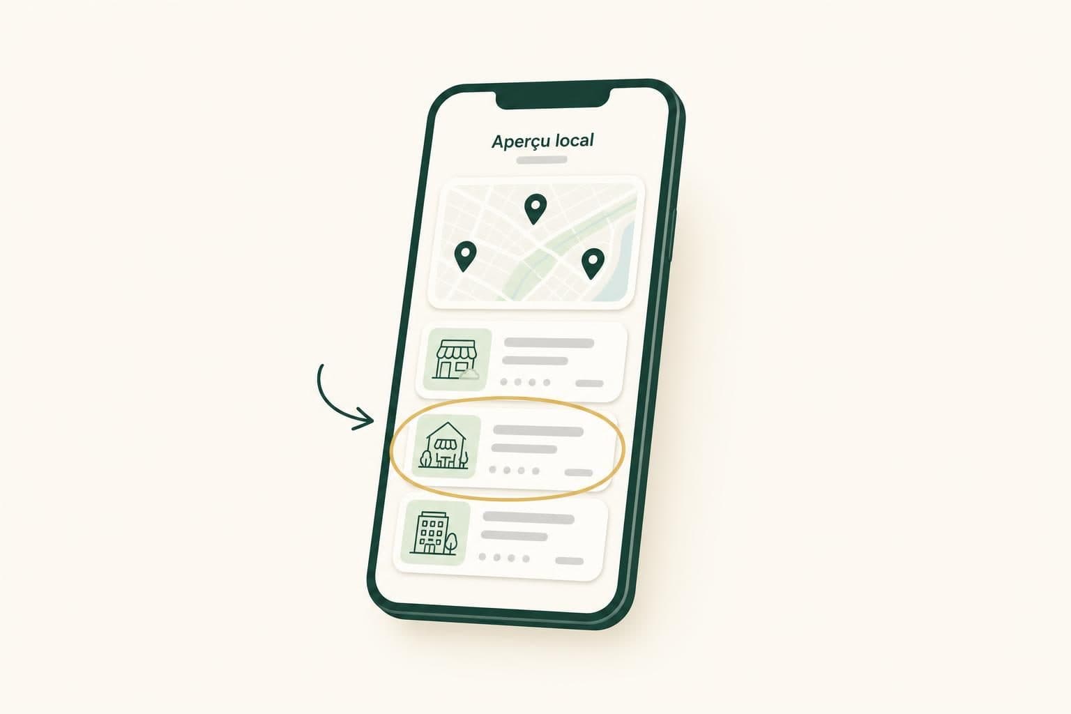 Capture schématique d’un smartphone affichant une interface de carte locale avec plusieurs épingles.