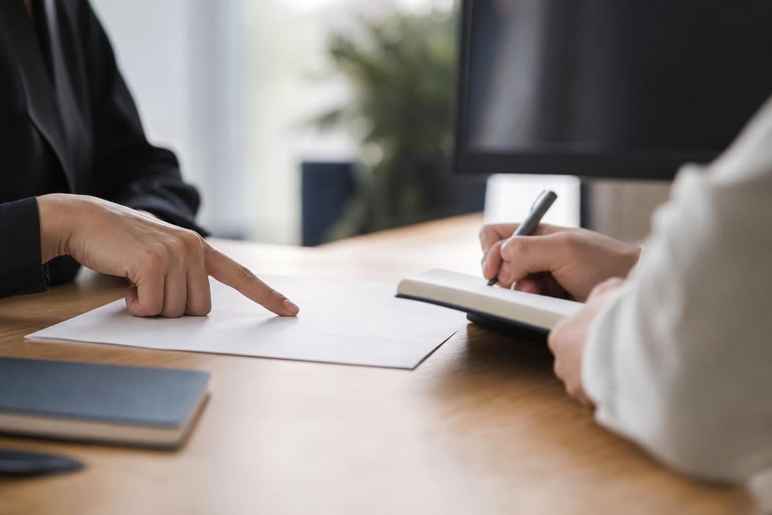 Deux personnes sont assises à une table de bureau ; l’une pointe une feuille blanche pendant que l’autre écrit dans u…