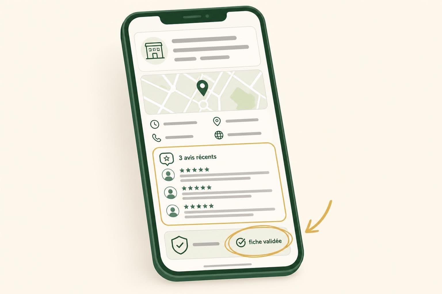 Illustration d’un smartphone affichant une fiche d’établissement locale stylisée avec une carte.