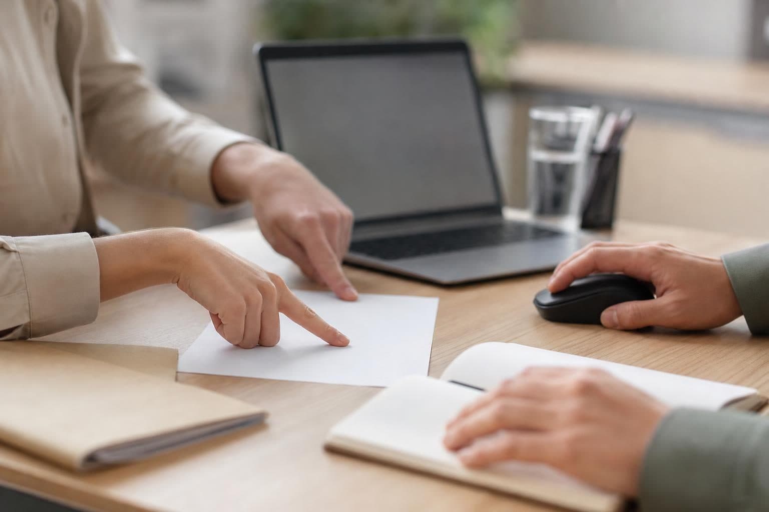 Une scène de réunion autour d’un bureau avec un ordinateur portable ouvert, plusieurs mains qui pointent une feuille …