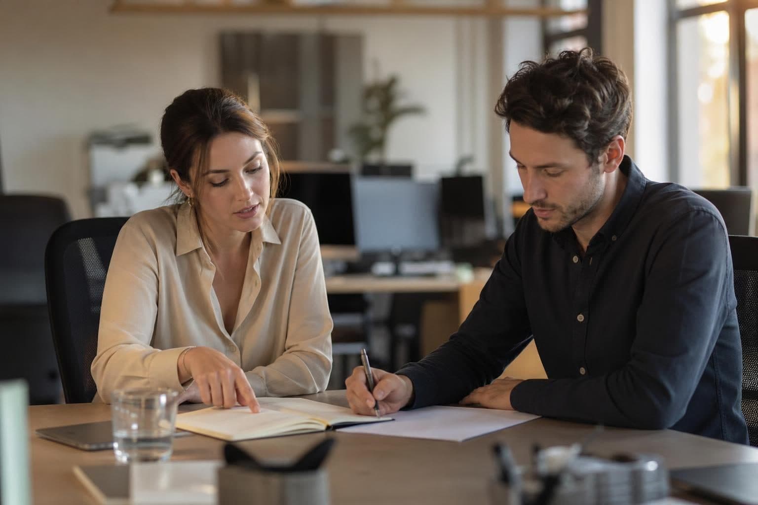Deux personnes sont assises à une table dans un bureau moderne, l’une pointe un document ouvert tandis que l’autre éc…