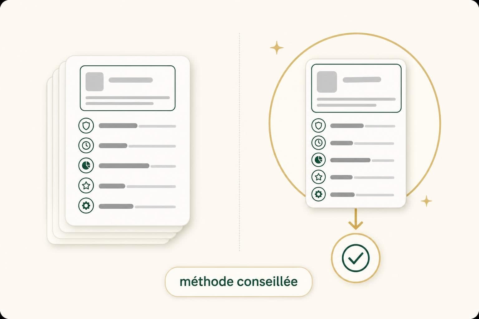 Schéma comparant une pile d’offres d’agences SEO à l’offre retenue grâce à une méthode conseillée.