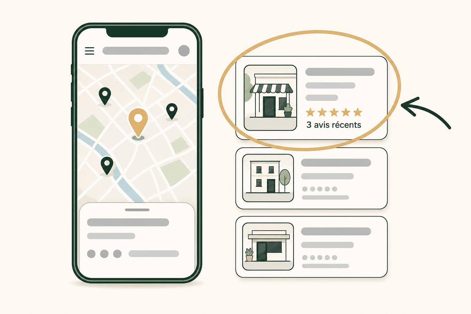 Illustration schématique d’un smartphone affichant une carte avec plusieurs épingles de localisation.