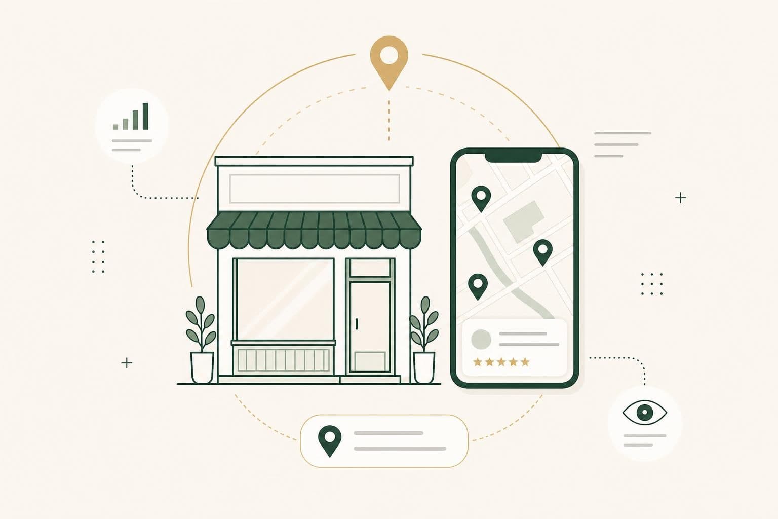 Illustration d’une boutique stylisée associée à un smartphone affichant une carte.